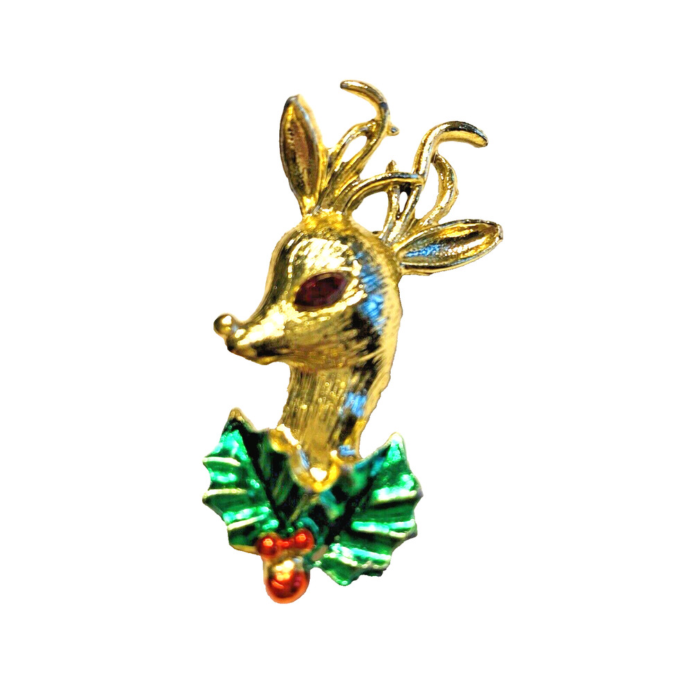 Vintage Christmas Reindeer Brooch Novelty Textured Goldtone Festive Holiday Pin
